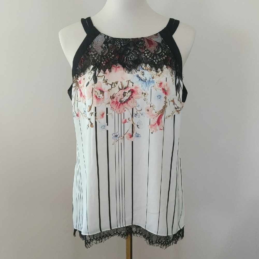 White House Black Market Floral Lace Trim Women's Top
